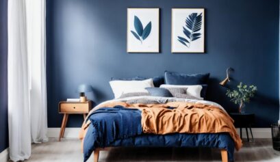 Lit sombre et mur bleu foncé dans l'intérieur d'une chambre à coucher