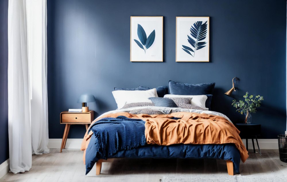 Lit sombre et mur bleu foncé dans l'intérieur d'une chambre à coucher