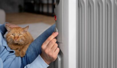 propriétaire tenant un chat et augmentant la chaleur